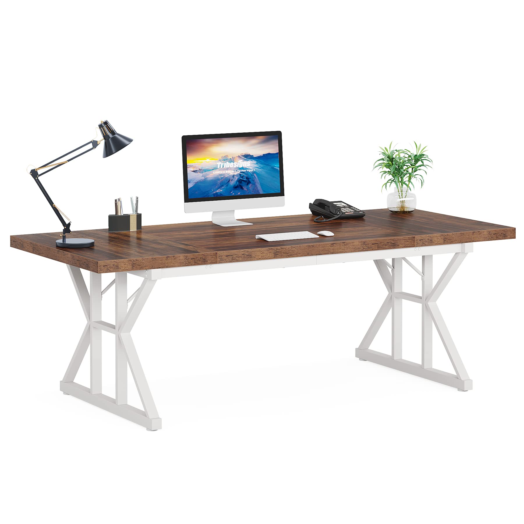 70.8-Inch Executive Desk, Large Computer Office Desk Workstation, Modern Simple Style Laptop Desk Study Writing Table Business Furniture for Home Office (Brown/White, 70.8 Inch)