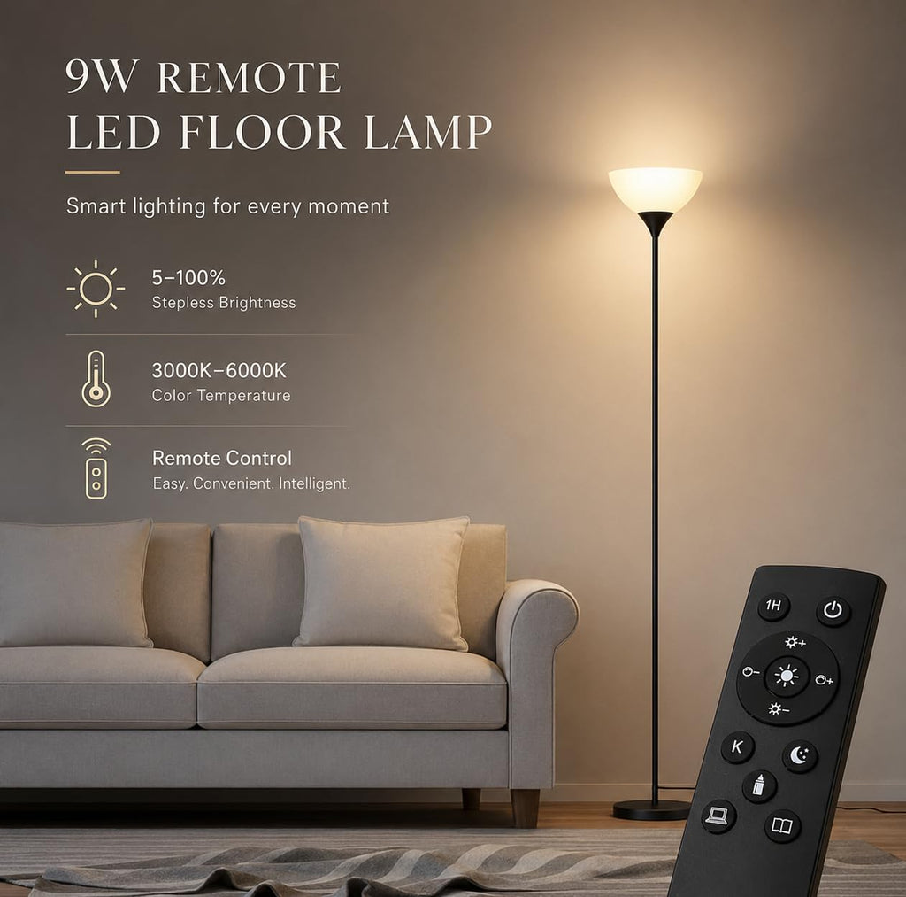 Floor Lamp, Remote Control with Stpeless Color Temperatures and Brightness, Torchiere lamp for Bedroom, Living Room, Bulb Included (Matte Black)