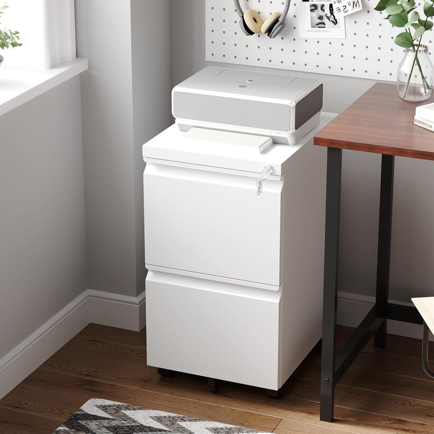 2 Drawer Mobile File Cabinet with Lock,Under Desk Metal Filing Cabinets for Home Office Organizer Letters/Legal/A4(Fully Assembled-White)