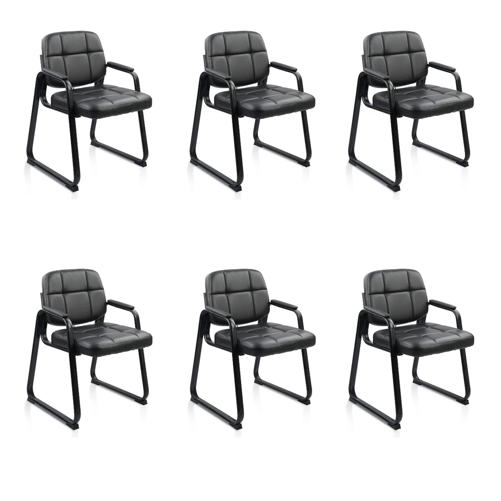 6 Pack, Waiting Room Guest Chair with Bonded Leather Padded Arm Rest for Office Reception and Conference Desk Black with Sled Base