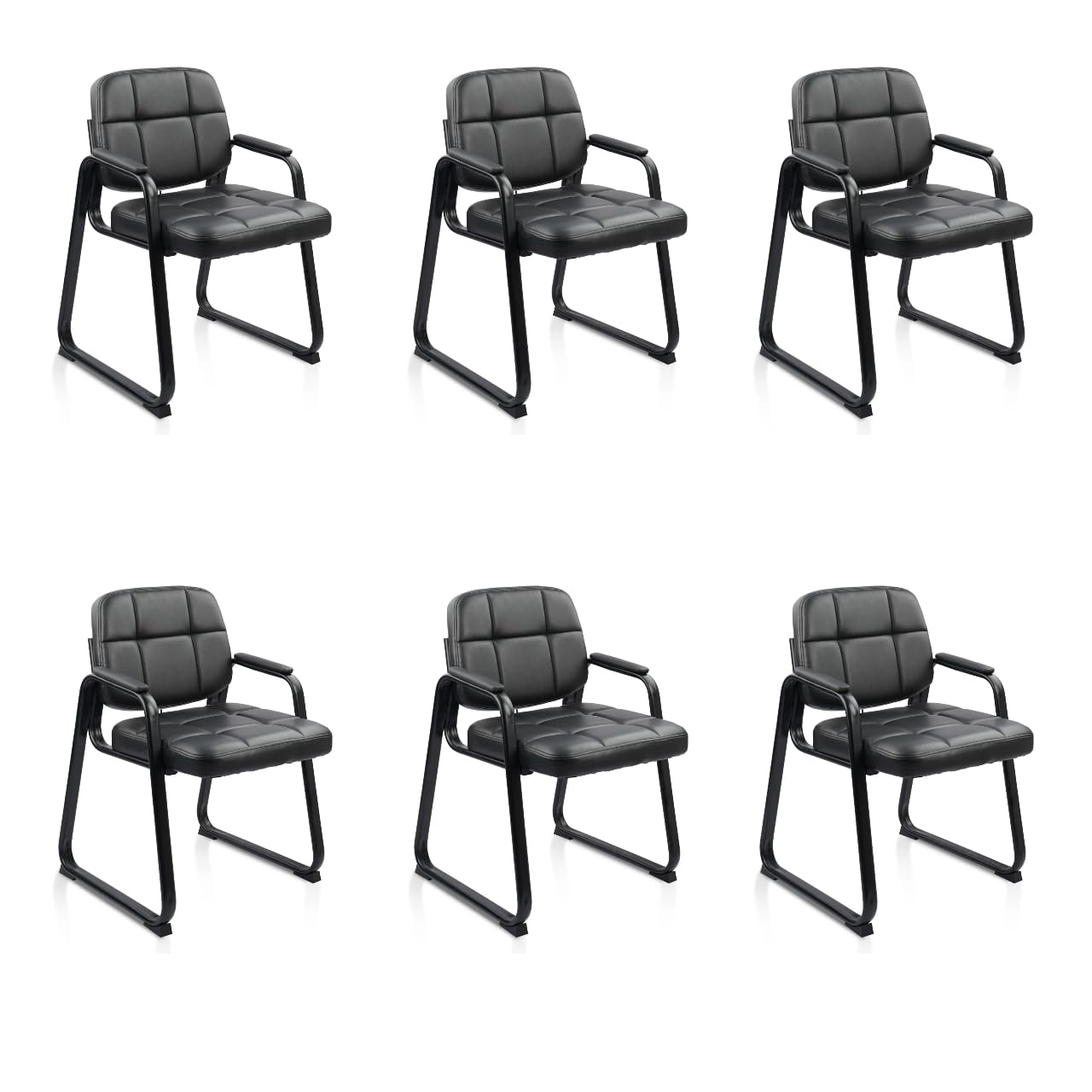 6 Pack, Waiting Room Guest Chair with Bonded Leather Padded Arm Rest for Office Reception and Conference Desk Black with Sled Base