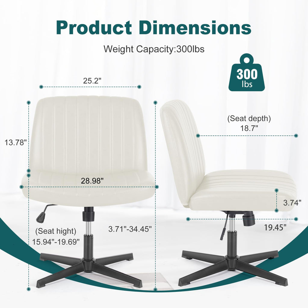 Criss Cross Legged Chairs Armless No Wheels Wide Seat Height Adjustable Swivel Padded PU Leather Home Office Desk Chair for Bedroom, Student, Study Room,Beige