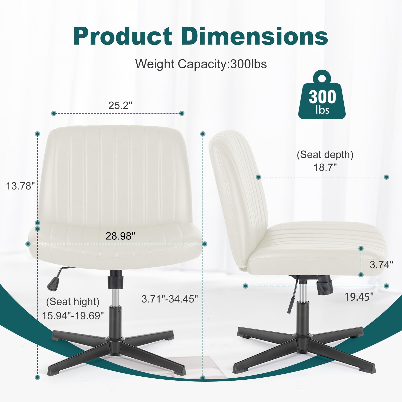 Criss Cross Legged Chairs Armless No Wheels Wide Seat Height Adjustable Swivel Padded PU Leather Home Office Desk Chair for Bedroom, Student, Study Room,Beige