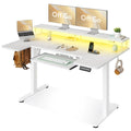 U Shaped Electric Standing Desk with Keyboard Tray, 55 Inch Height Adjustable Desk with Power Outlets & LED Lights, Sit Stand Table with Monitor Stand for Home, Office, White