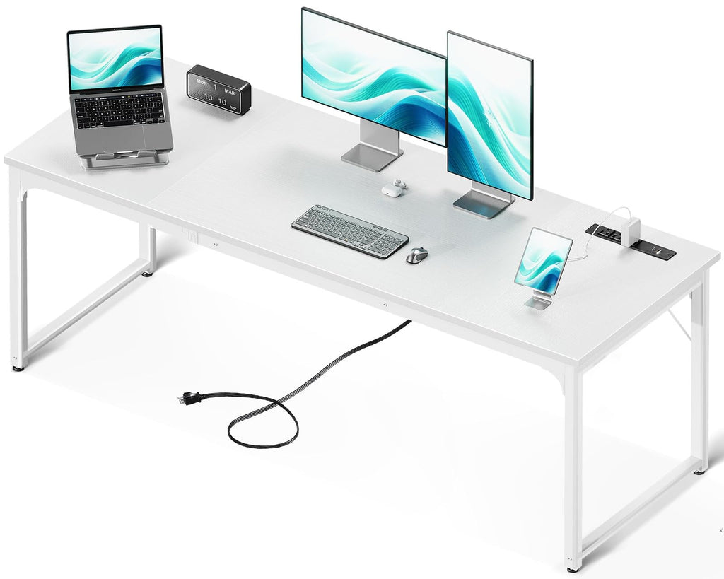 71 Inch Computer Desk with USB Ports, Large Office Desk, Long Study Student Writing Desk, White