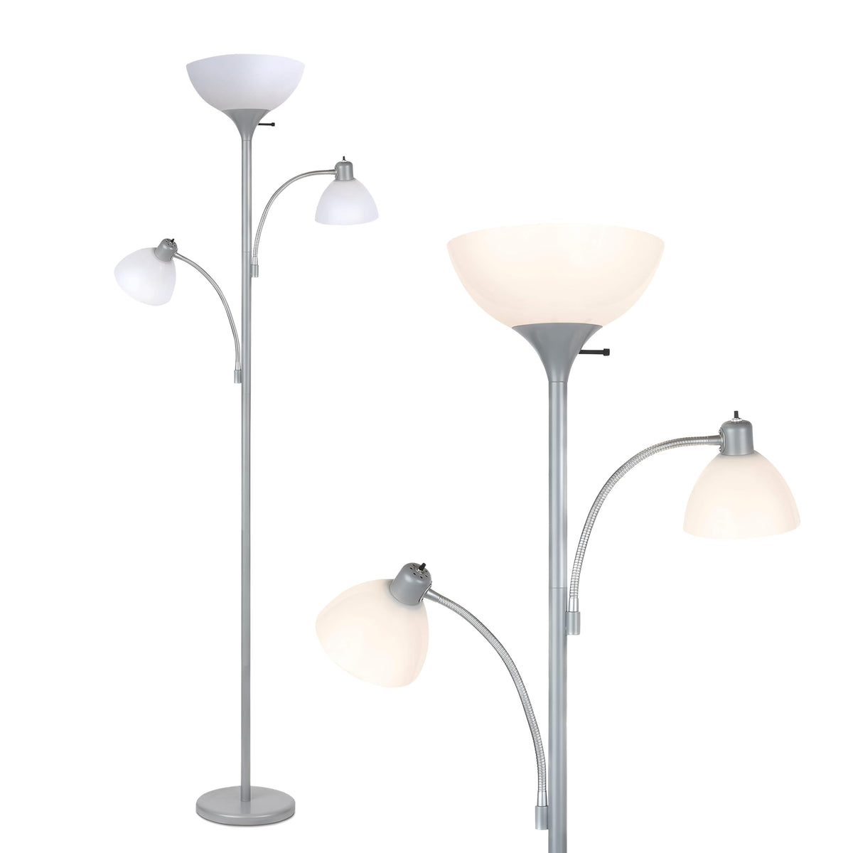 Sky Dome Double LED Floor lamp, Torchiere Super Bright Floor Lamp with 2 Reading Lamps for Living Rooms & Offices - Dimmable Tall Standing Lamp for Bedroom Reading - Tall Silver Pole