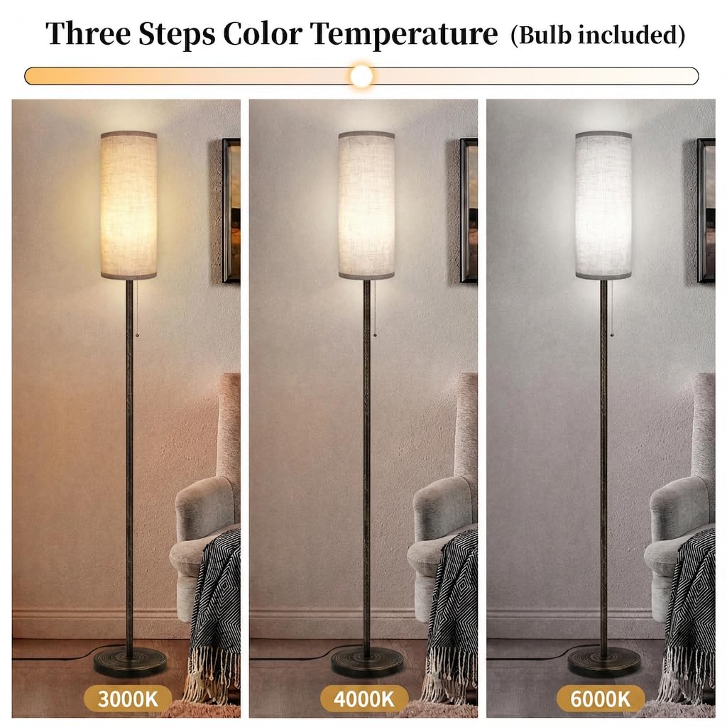 Floor Lamp for Living Room Modern Standing Lamps with Lampshade Minimalist Tall Lamp with Switch Ajustable Color for Bedroom Reading LED Bulb Included Gold Black Brushed Body+Beige Shade