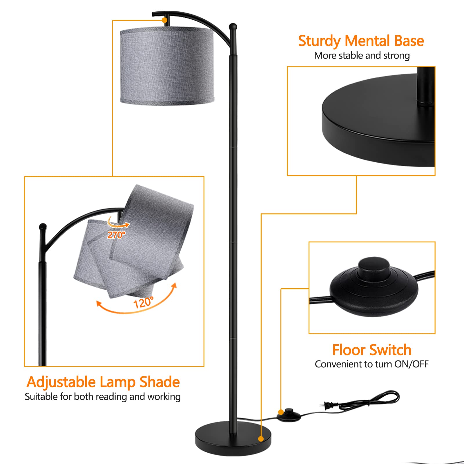 Floor Lamp with 3CCT LED Bulb, Gray Linen Lamp Shade for Living Room, Modern Standing Lamp for Bedrooms - Black