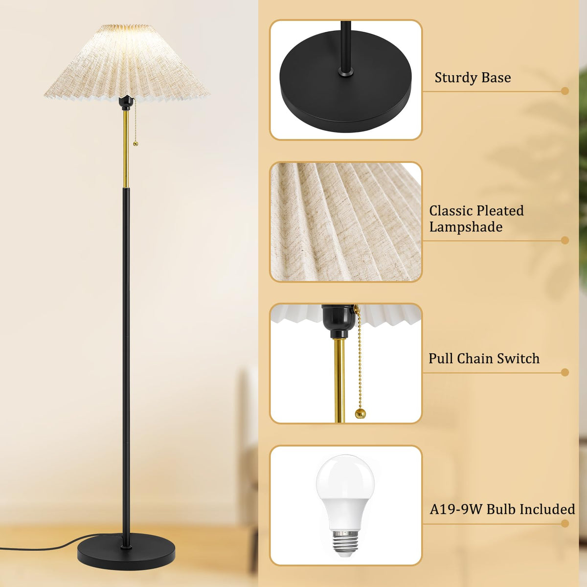 Floor Lamps for Living Room, 59.5" Pleated Modern Standing Lamp,Linen Shade