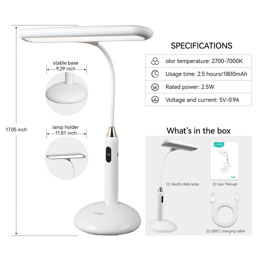 LED Desk Lamp 6778B - Touch Control, Adjustable 2700-7000K Color Temperature, 700 Lumens, 360° Flexible Gooseneck, USB-C Charging, 2.5hrs Cordless, Eye-Caring Light (White)
