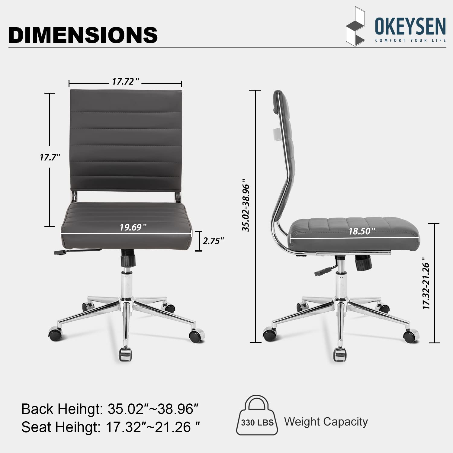 Armless Office Desk Chair, Mid Back Ergonomic Swivel Conference Room Chair, Adjustable Height PU Leather Home Desk Chair with Lumbar Support, Modern Small Rolling Computer Task Chair, Gray