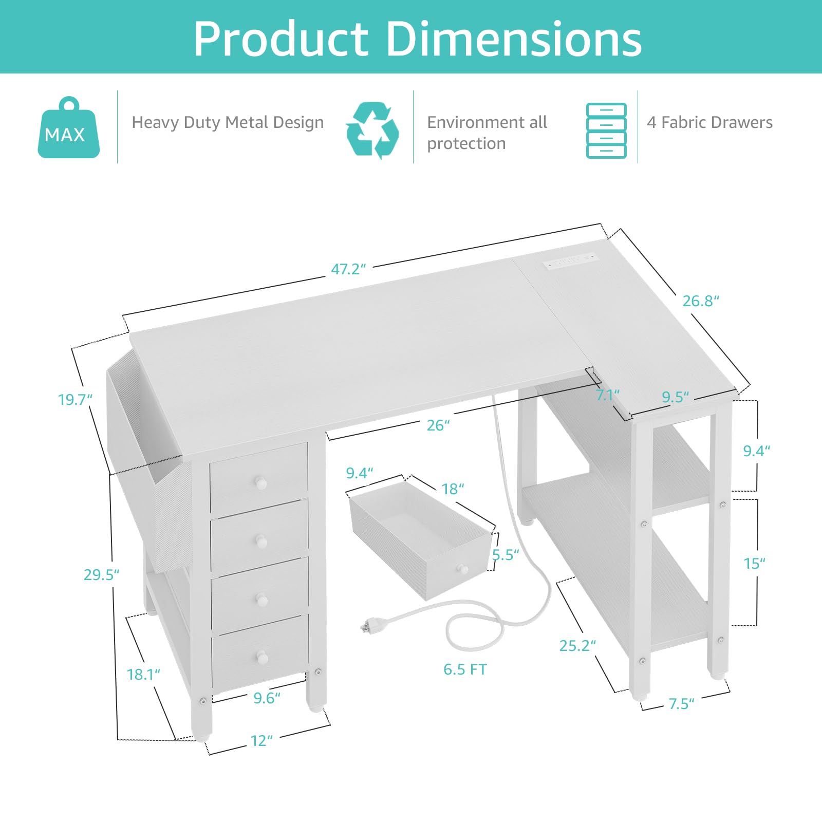 White L Shaped Computer Desk with Drawers & Storage Shelves, 47 Inch Corner Reversible Desk with Power Outlet for Home Office Bedroom, L-Shaped Teen PC Desks with Fabric Drawer, White
