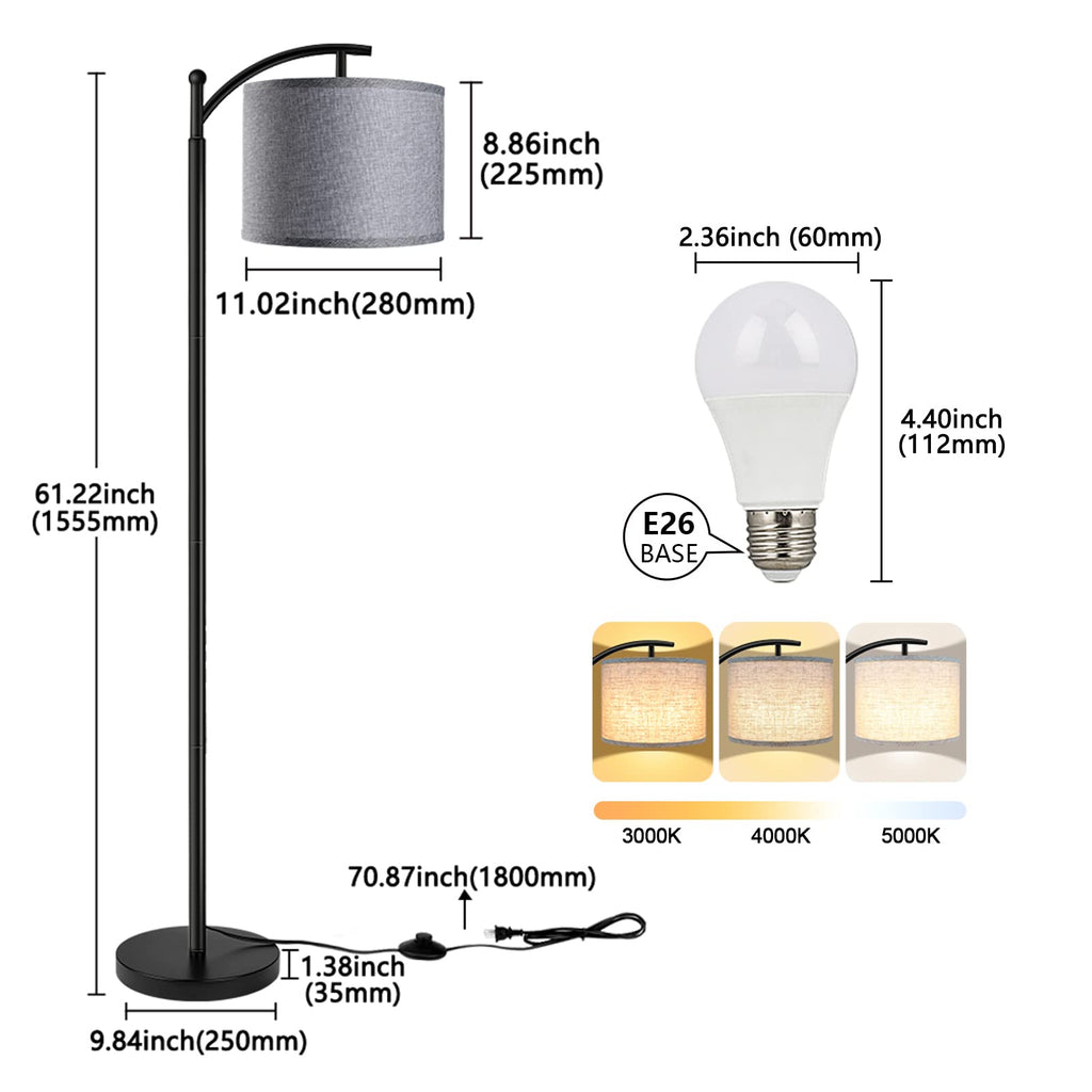 Floor Lamp with 3CCT LED Bulb, Gray Linen Lamp Shade for Living Room, Modern Standing Lamp for Bedrooms - Black