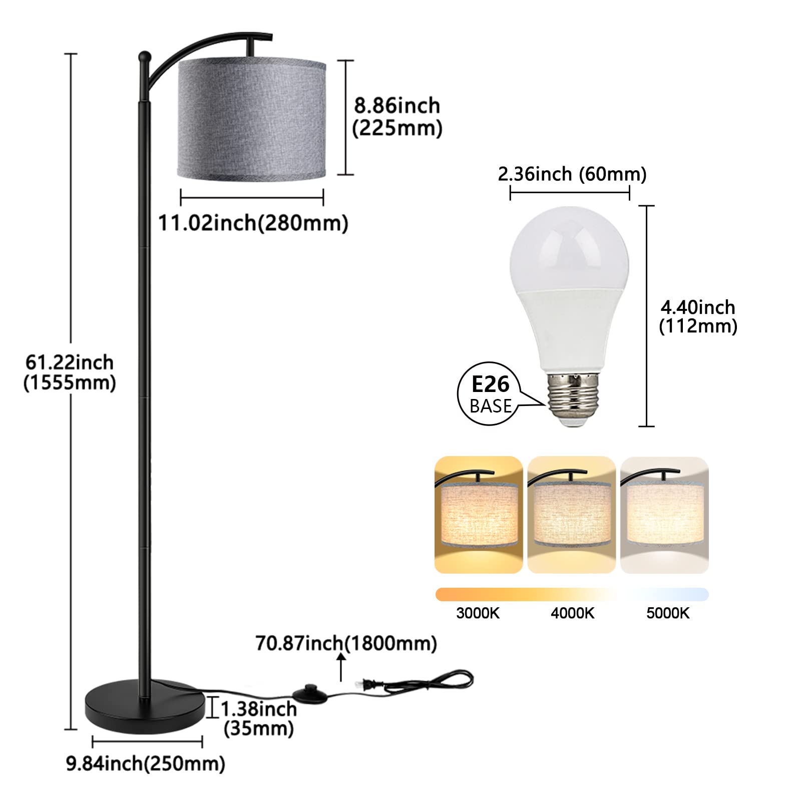 Floor Lamp with 3CCT LED Bulb, Gray Linen Lamp Shade for Living Room, Modern Standing Lamp for Bedrooms - Black