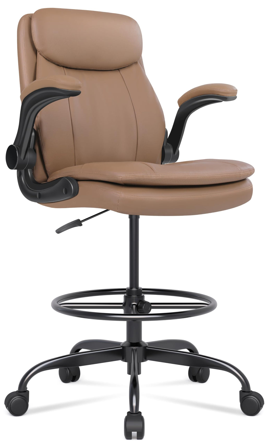 Leather Drafting Chair, Tall Office Chair for Standing Desk, High Executive Office Chair with Adjustable Height and Flip-up Armrest for Counter Height Desk