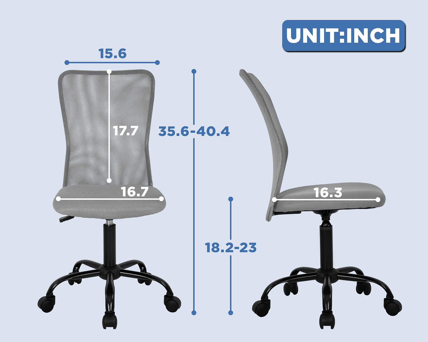 Office Chair Mid Back Mesh Desk Chair Armless Computer Ergonomic Task Rolling Swivel Chair Back Support Adjustable Modern with Lumbar Support,Grey