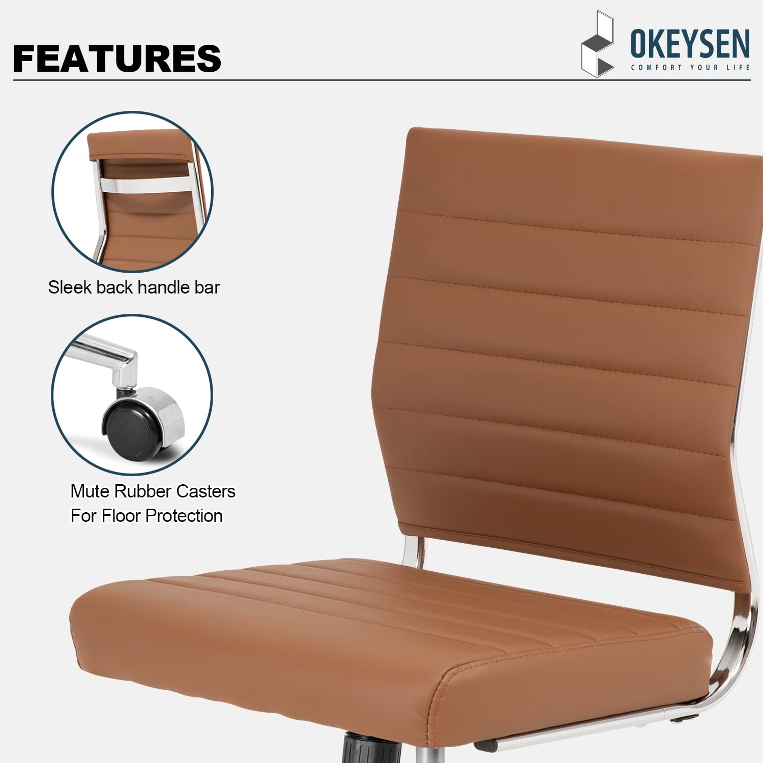 Brown Armless Office Desk Chair, Mid Back Ergonomic Swivel Conference Room Chairs, Adjustable Height PU Leather Home Desk Chair, Modern Small Rolling Computer Task Chair