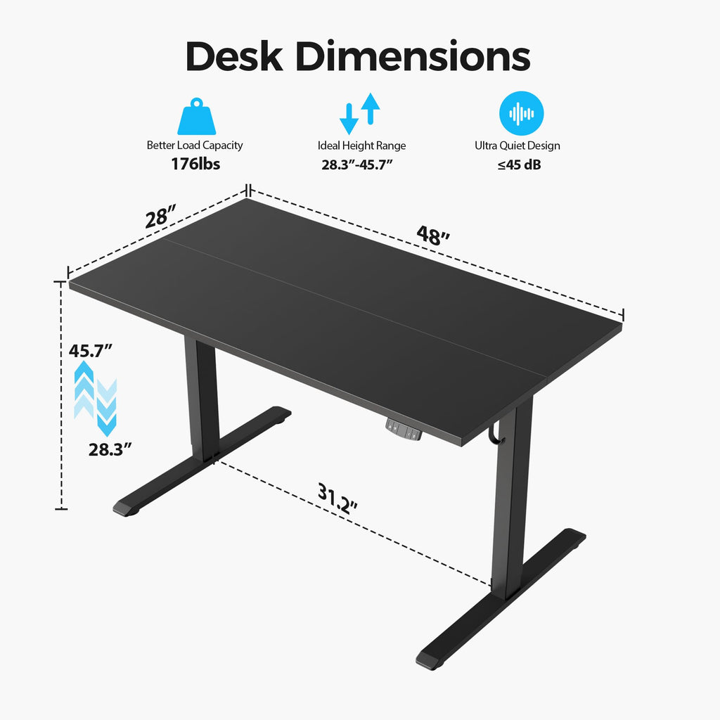 Electric Standing Desk, 48 x 28 Inches Height Adjustable Desk, Sit Stand up for Work Office Home, Ergonomic Rising Computer Table with Memory Preset, Black