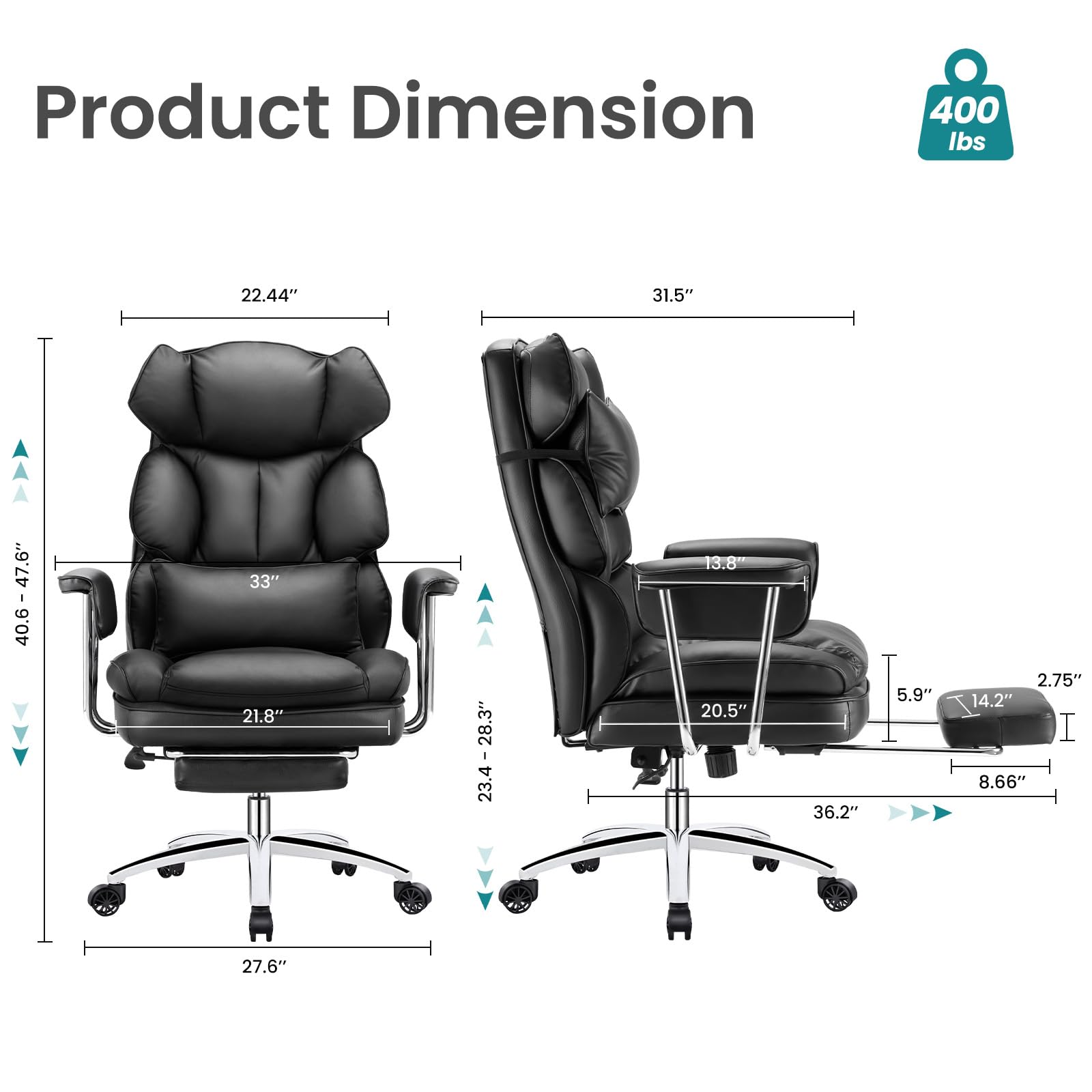 Home Office Desk Chair Comfy with Foot Rest, PU Leather Ergonomic Big and Tall High Back Support, 360° Swivel Wheels, Armrests and Detachable Pillow, Height Adjustable, Inky