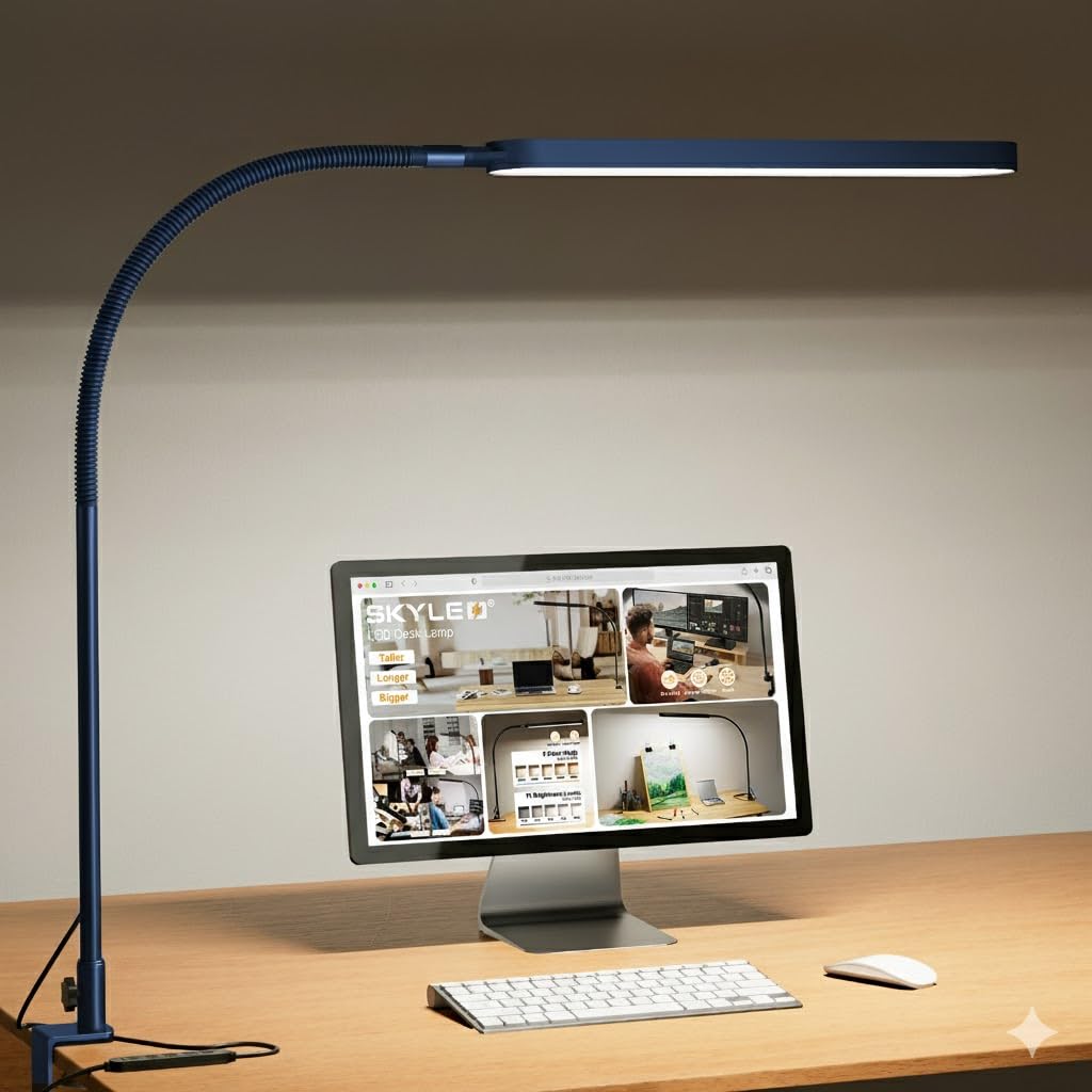 LED Desk Lamp - Desk Light for Office - Flexible Gooseneck - 5 Color Modes X 11 Brightness Levels - 1300LM - Timmer & Memory Function - 12W Clip on Light - Blue
