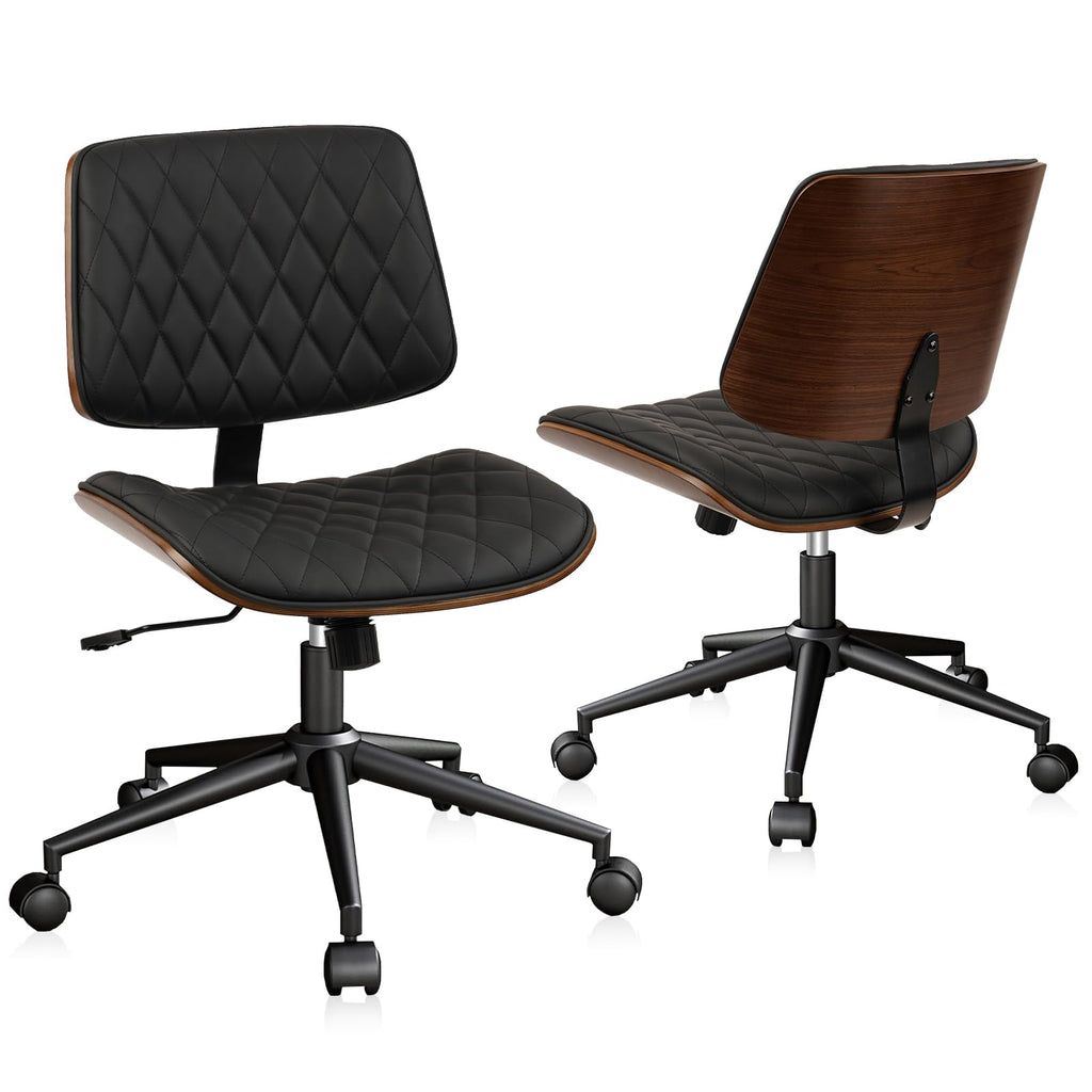 Home Office Desk Chair with Wheels, Adjustable Height Armless Office Chair, PU Leather Mid Back 360 Swivel Computer Chair, Modern Walnut Chair for Home, Meeting, Reading Room,Black(2 pk)