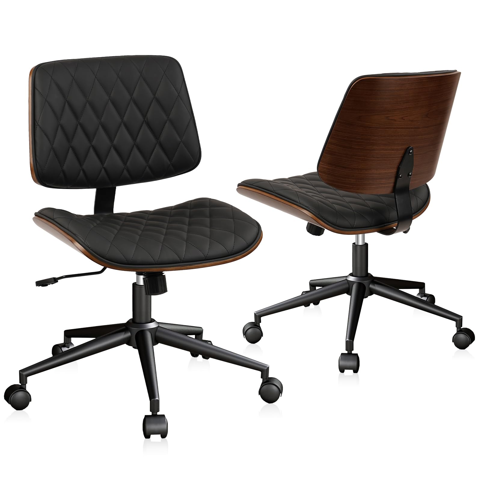 Home Office Desk Chair with Wheels, Adjustable Height Armless Office Chair, PU Leather Mid Back 360 Swivel Computer Chair, Modern Walnut Chair for Home, Meeting, Reading Room,Black(2 pk)