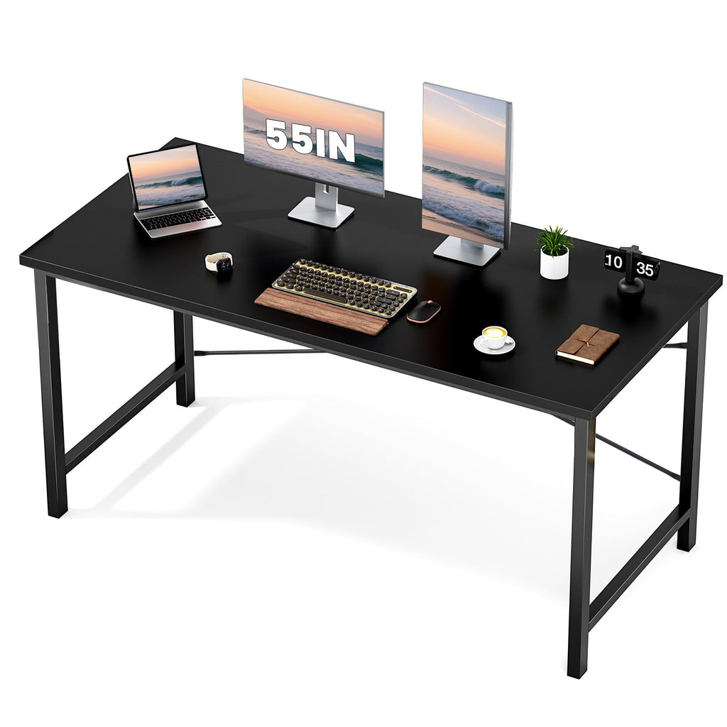 Computer Office Desk 55 Inch Student Study Writing Work with Metal Frame Wood Tabletop Modern Simple PC Home Bedroom Table - Black, Sturdy Compact Desk for Laptop, Study, Gaming