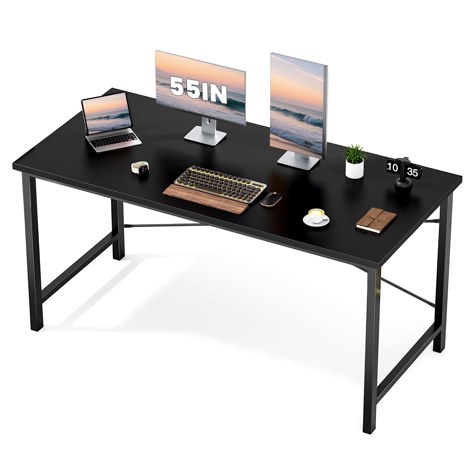 Computer Office Desk 55 Inch Student Study Writing Work with Metal Frame Wood Tabletop Modern Simple PC Home Bedroom Table - Black, Sturdy Compact Desk for Laptop, Study, Gaming