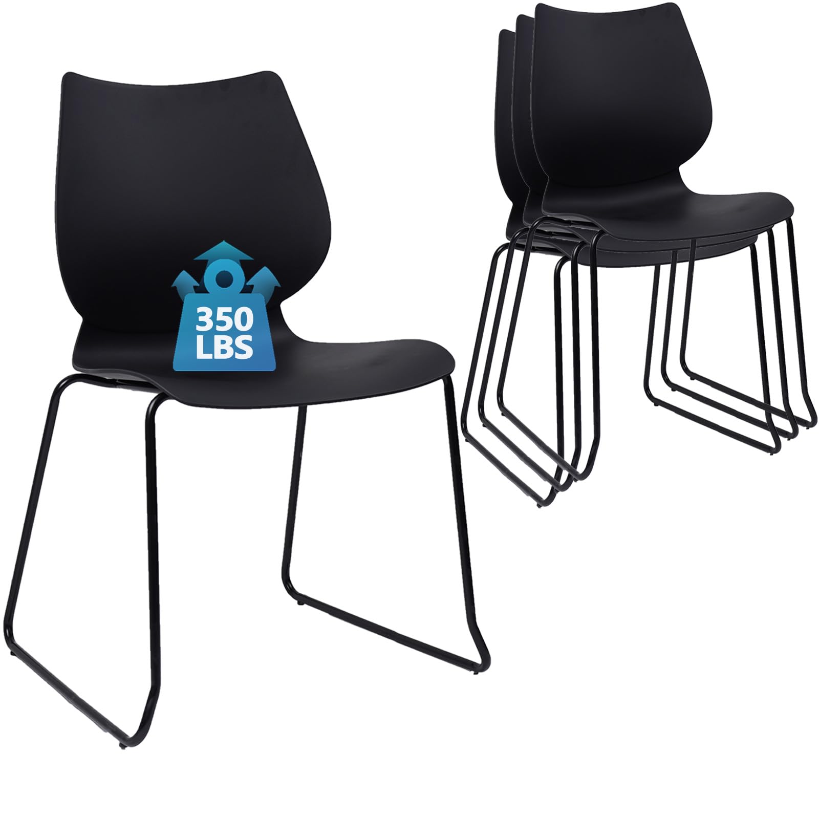 Set of 4, Stackable Waiting Room Chair, Stacking Office Chair with Ergonomic Lumbar Support and Metal Legs, Plastic Desk Chairs for Conference School Church Guest Reception, Black