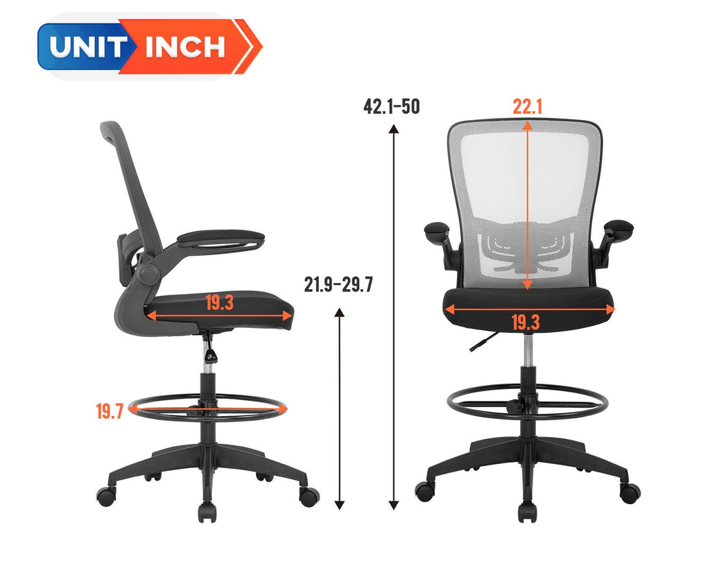 Drafting Chair Tall Office Chair Adjustable Height with Lumbar Support Arms Footrest Mid Back Standing Desk Chair with Swivel Rolling Mesh Stool White