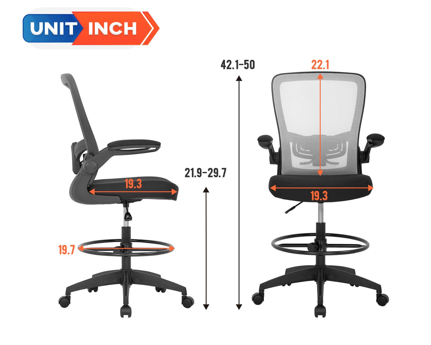 Drafting Chair Tall Office Chair Adjustable Height with Lumbar Support Arms Footrest Mid Back Standing Desk Chair with Swivel Rolling Mesh Stool White