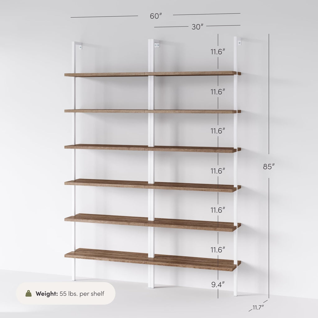6-Shelf Tall Bookcase, Wall Mount Bookshelf with Natural Wood Finish and Industrial Metal Frame, Rustic Oak/White, Set of 2