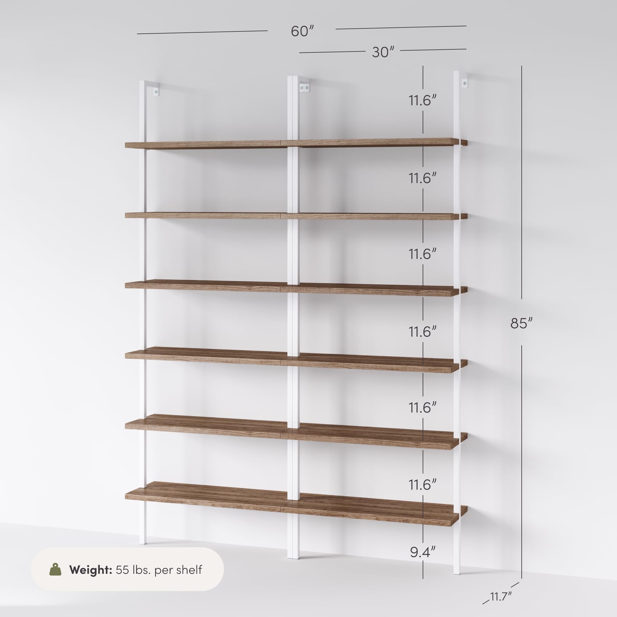 6-Shelf Tall Bookcase, Wall Mount Bookshelf with Natural Wood Finish and Industrial Metal Frame, Rustic Oak/White, Set of 2