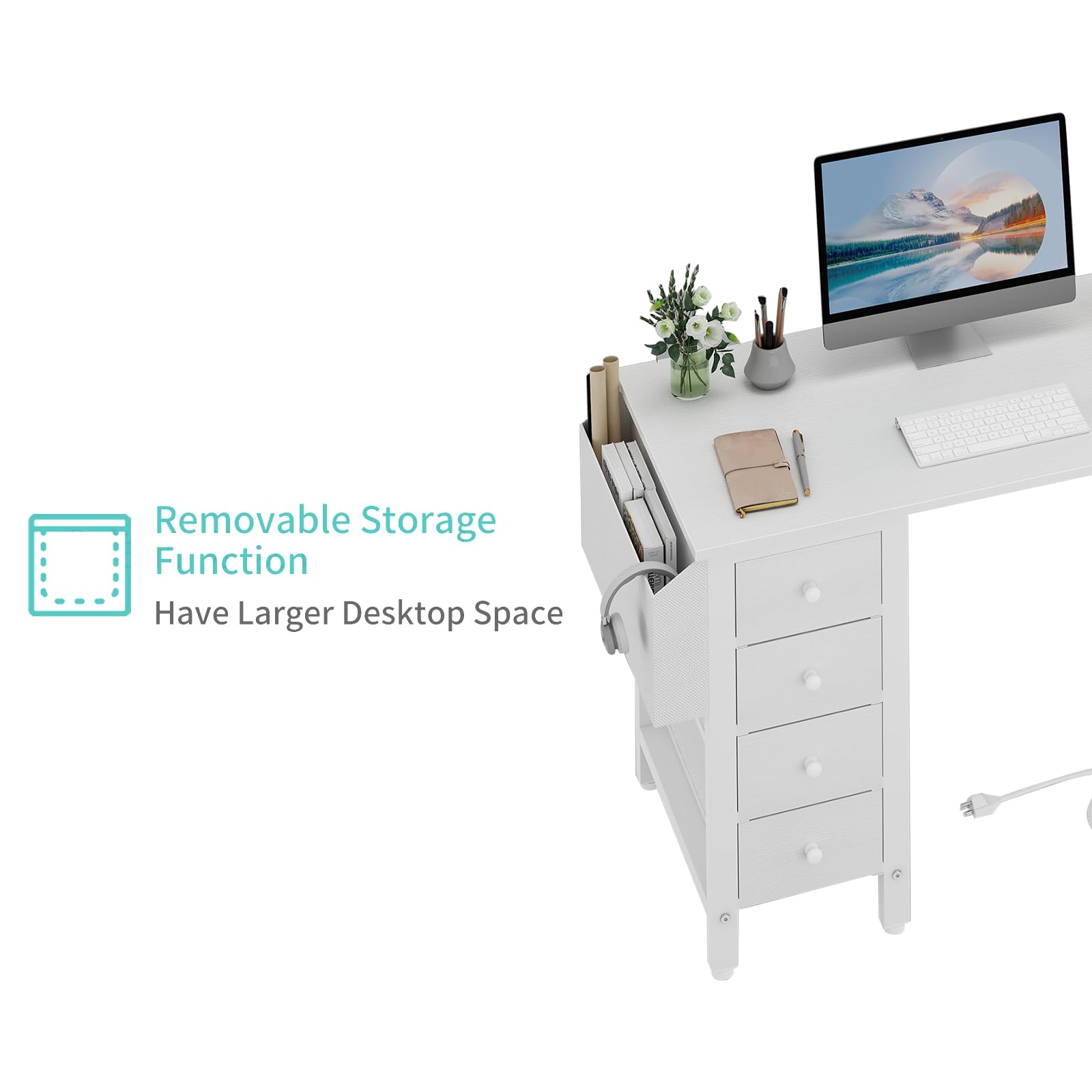 White L Shaped Computer Desk with Drawers & Storage Shelves, 47 Inch Corner Reversible Desk with Power Outlet for Home Office Bedroom, L-Shaped Teen PC Desks with Fabric Drawer, White