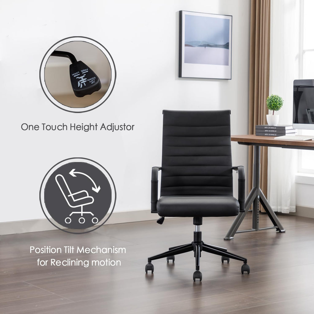 Office Desk Chair Leather, Conference Room Chairs with Wheels, Executive Modern Ergonomic Ribbed Computer Chair