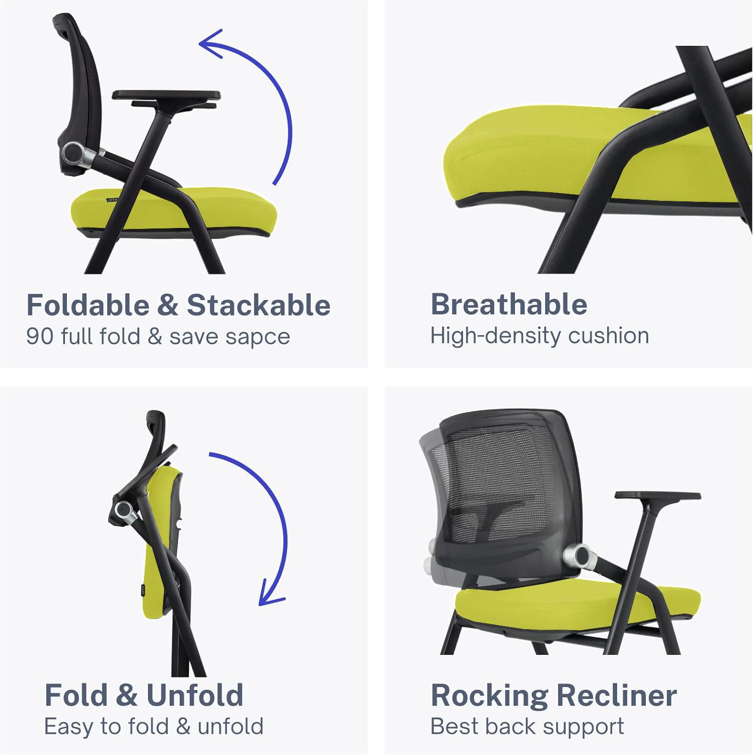 4 Pack Foldable Office Chairs with Wheels, Mesh Back, Arms and Portable - Folding Office Chairs for Conference Room Chair, Office Guest & Reception & Meeting Chair - (Green) 300 lbs.
