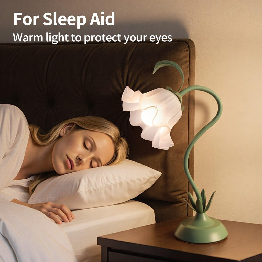 Flower Table Lamp Cute Lily Desk Lamp Bedside Night Light -Green