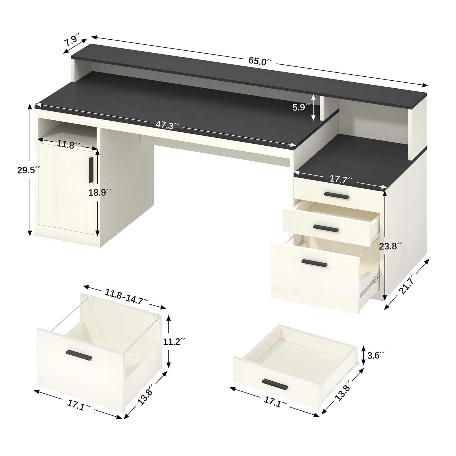 65 Inch Computer Desk with 3 Drawers & Storage Shelves, Executive Desk with File Drawer & Cabinet, Home Office Desk with Long Monitor Stand & Printer Shelf, Black & White