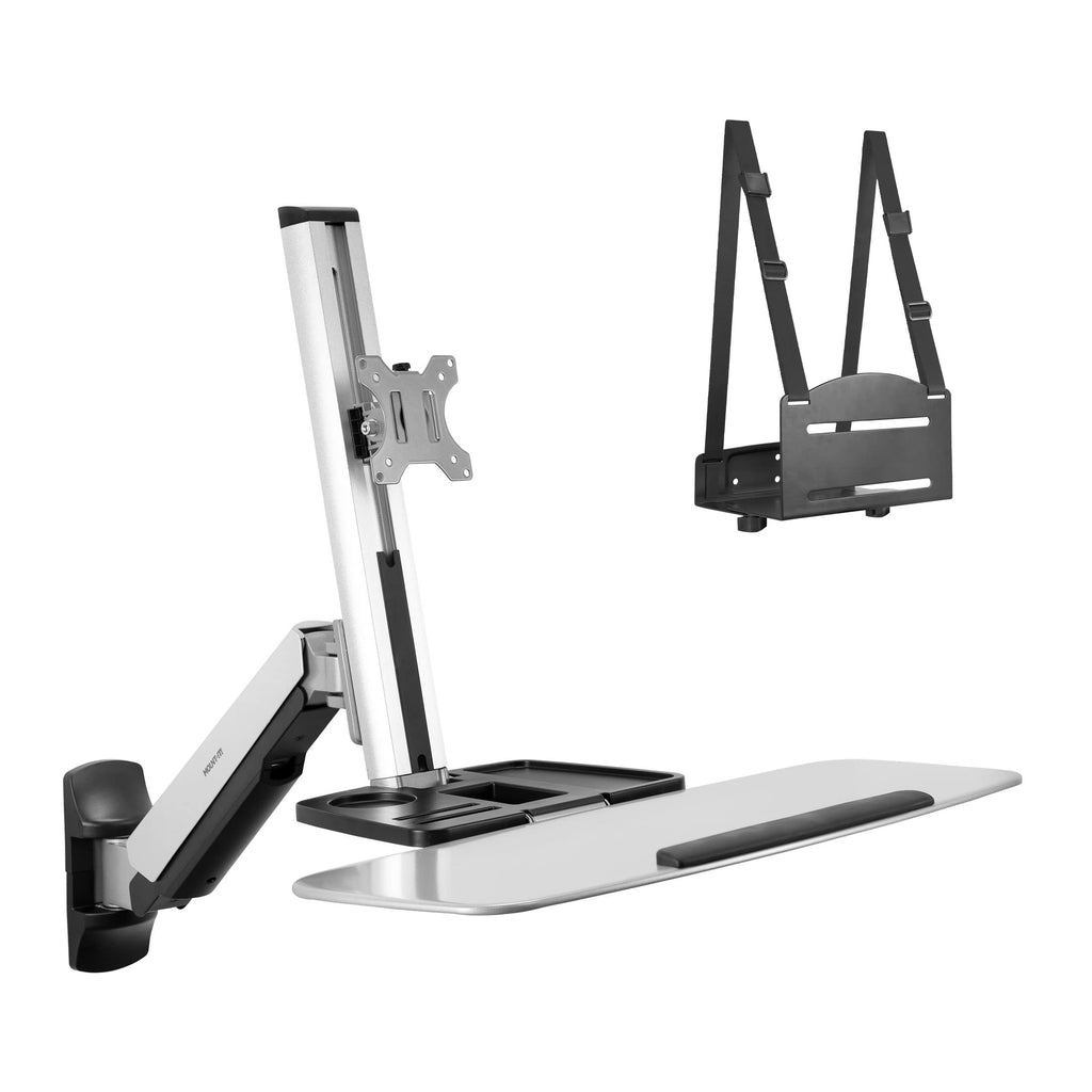 Wall Mounted Sit-Stand Single Monitor Workstation with Gas Spring Arm, Keyboard Tray & CPU Holder, 19.9” Height Adjustment, 41” Extension, VESA 75x75 100x100