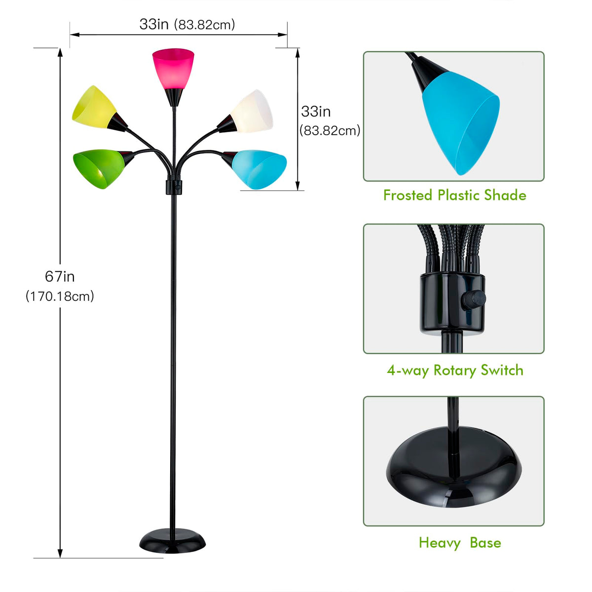 Medusa Modern Decor Floor Lamp, Multi Head Adjustable Gooseneck Bright Light Lamps for Reading, Colorful Tall Standing Tree Floor Lamps for Living Room Bedroom Office Kids Classroom, Black