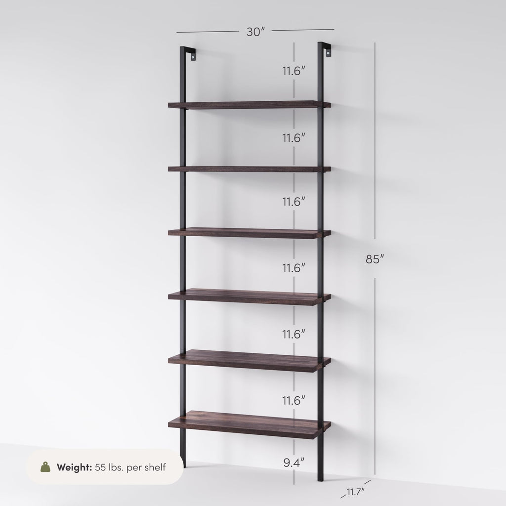6-Shelf Tall Bookcase, Wall Mount Bookshelf with Natural Wood Finish and Industrial Metal Frame, Nutmeg/Matte Black
