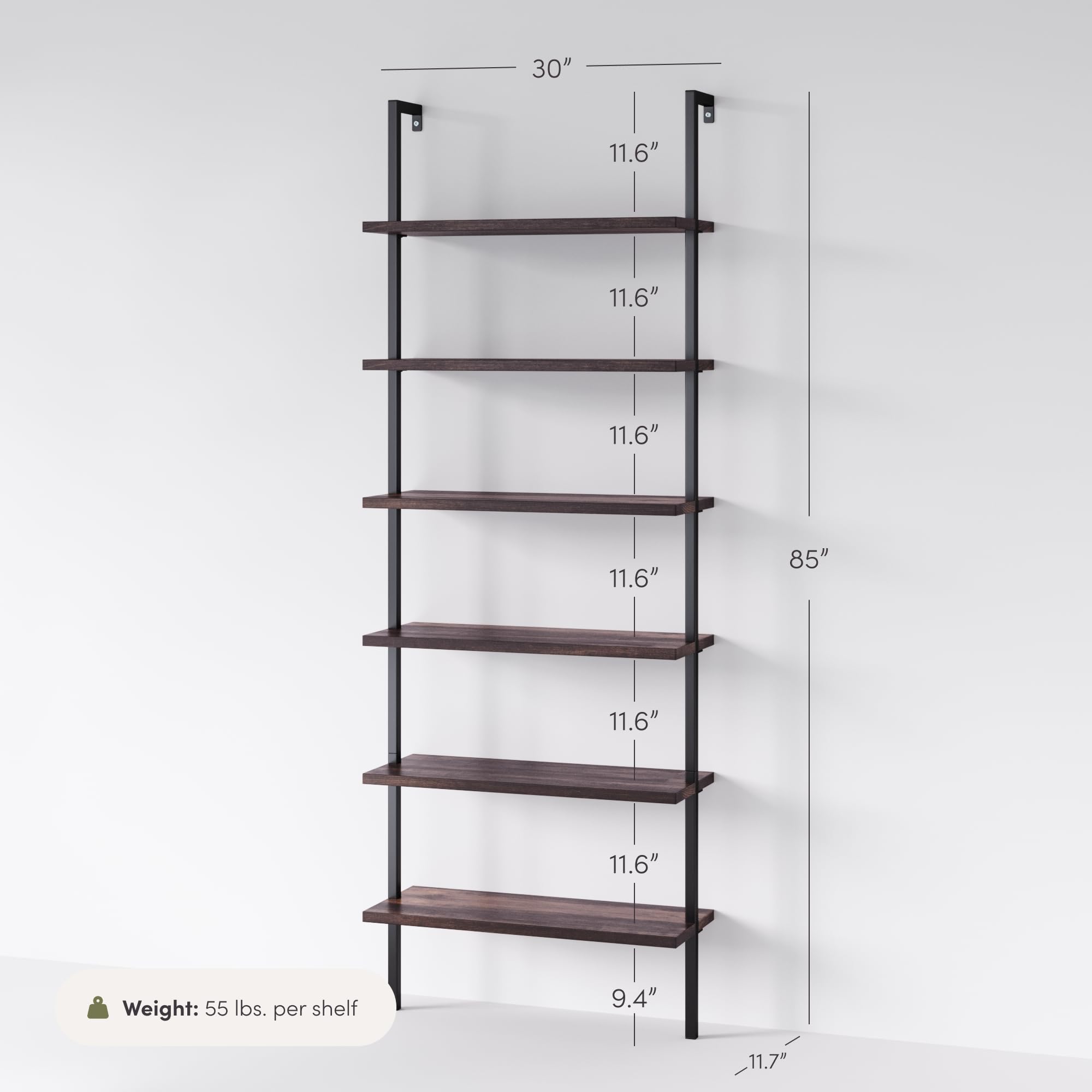 6-Shelf Tall Bookcase, Wall Mount Bookshelf with Natural Wood Finish and Industrial Metal Frame, Nutmeg/Matte Black