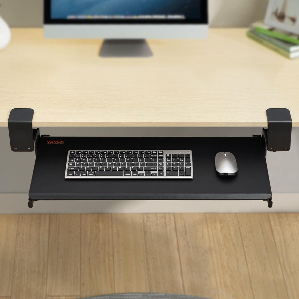 Clamp on Keyboard Tray Under Desk, Desk Keyboard Tray Slide Out with Sturdy No-Drill C Clamp Mount, Large 26.8 x 11 inch Slide-Out Computer Drawer for Typing in Home, Office Work