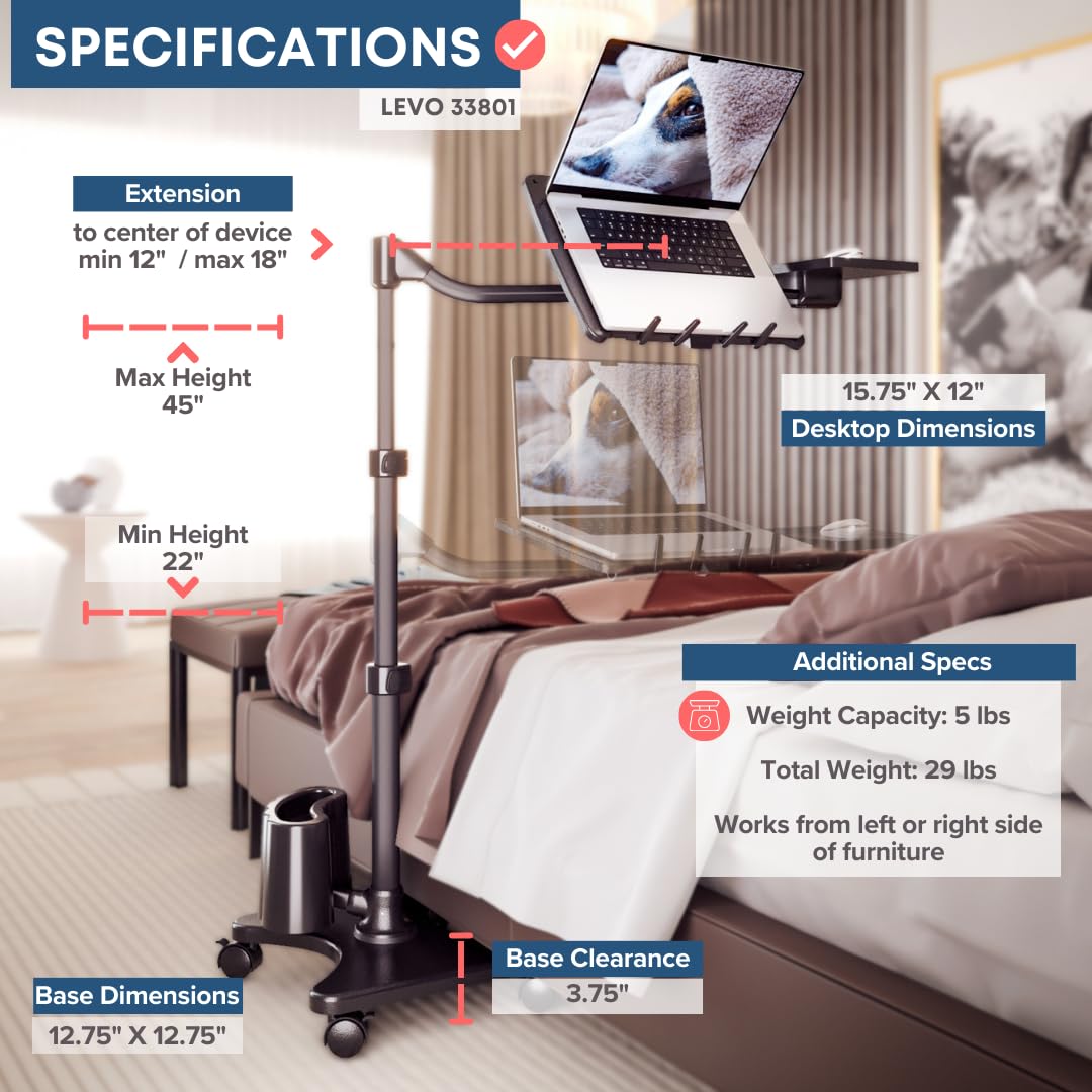 Deluxe Adjustable Laptop Stand – Rolling Computer Desk & Ergonomic Table for Bed, Sofa, or Office – Portable Mobile Workstation with Tilt – Fits Devices up to 16″ - Charcoal & Black