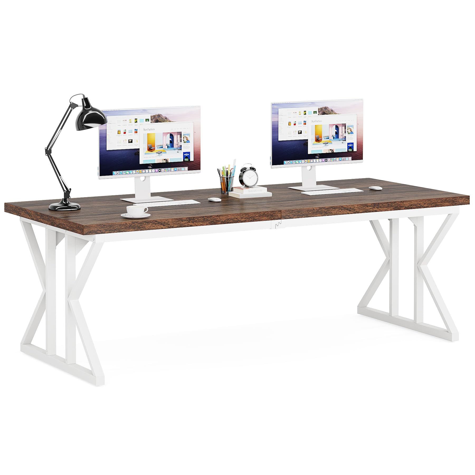 78.7-Inch Executive Desk, Large Computer Office Desk Workstation, Modern Simple Style Laptop Desk Study Writing Table Business Furniture for Home Office (Rustic Brown/White, 78.7 Inch)