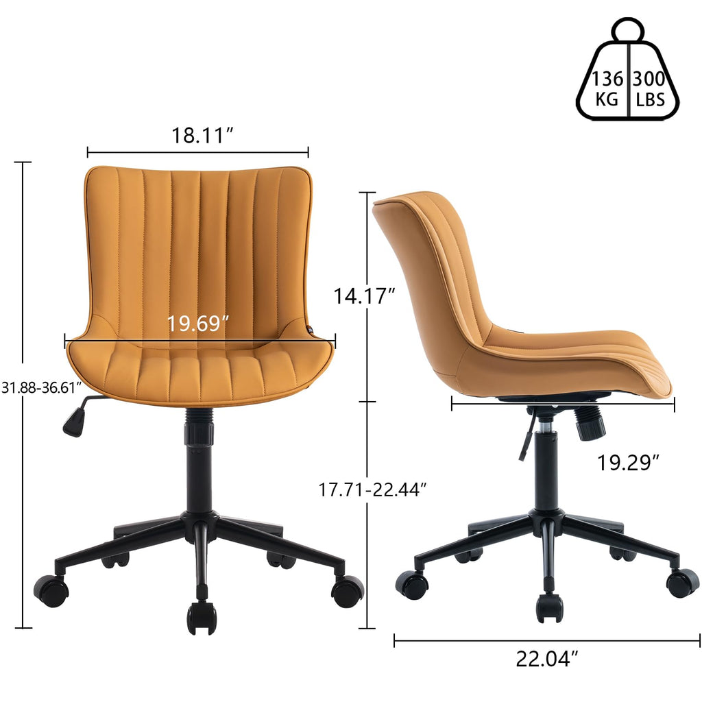 Ergonomic Home Office Chair with Wheels Comfy Armless Desk Chair with Back Adjustable Height Modern Leather Upholstered Swivel Vanity Chair Small Cute Rolling Task Computer Chair Tan