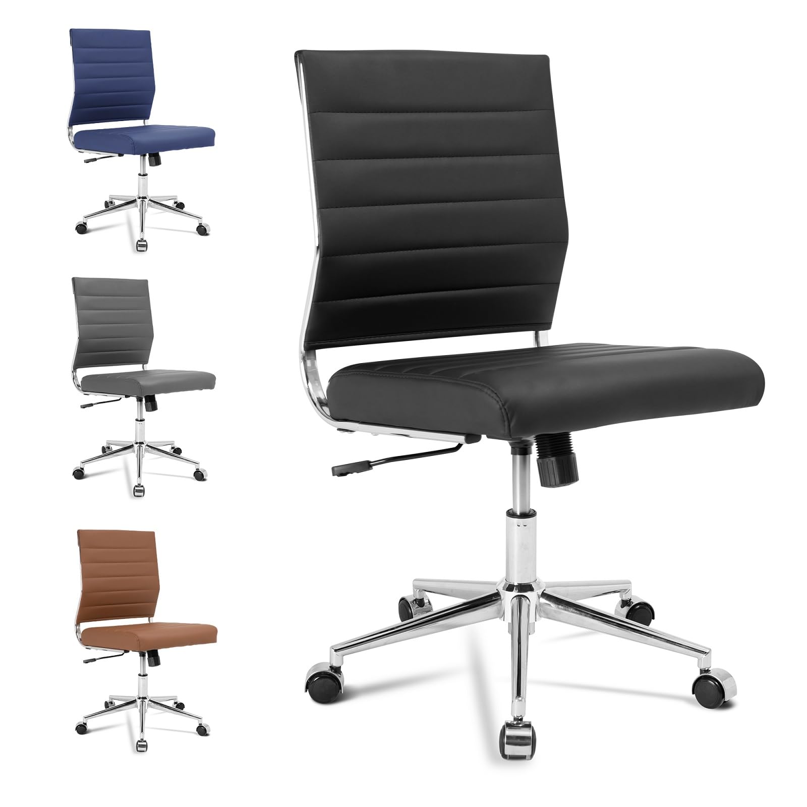 Armless Office Desk Chair, Mid Back Ergonomic Swivel Conference Room Chair, Adjustable Height PU Leather Home Desk Chair, Modern Small Rolling Computer Task Chair, Black