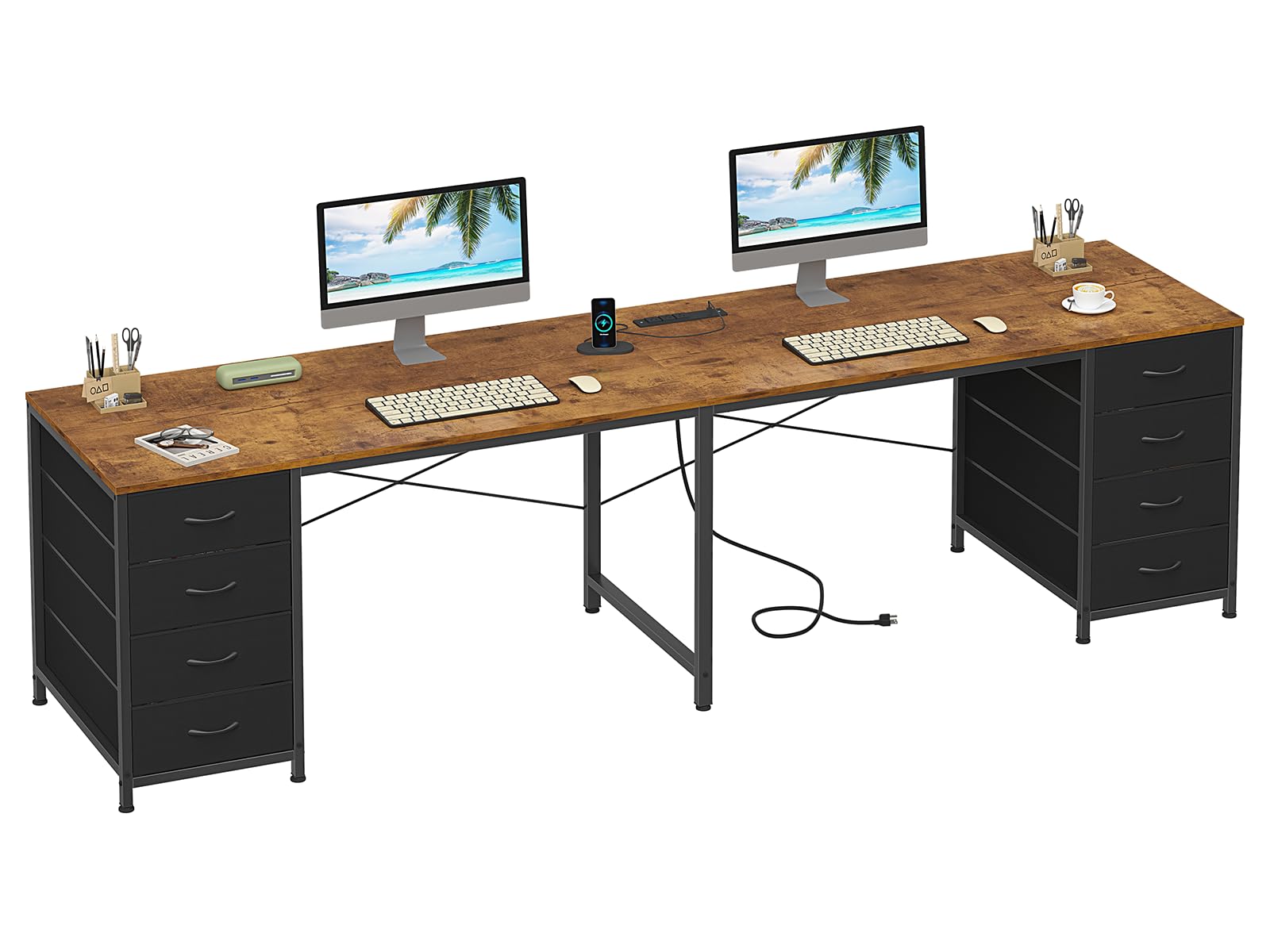 95'' Two Person Desk with 8 Drawers, Long Office Desk with Charging Station, 2 Person Desks Double Desk Writing Study Table for Home Office, Brown and White, Brown and Black