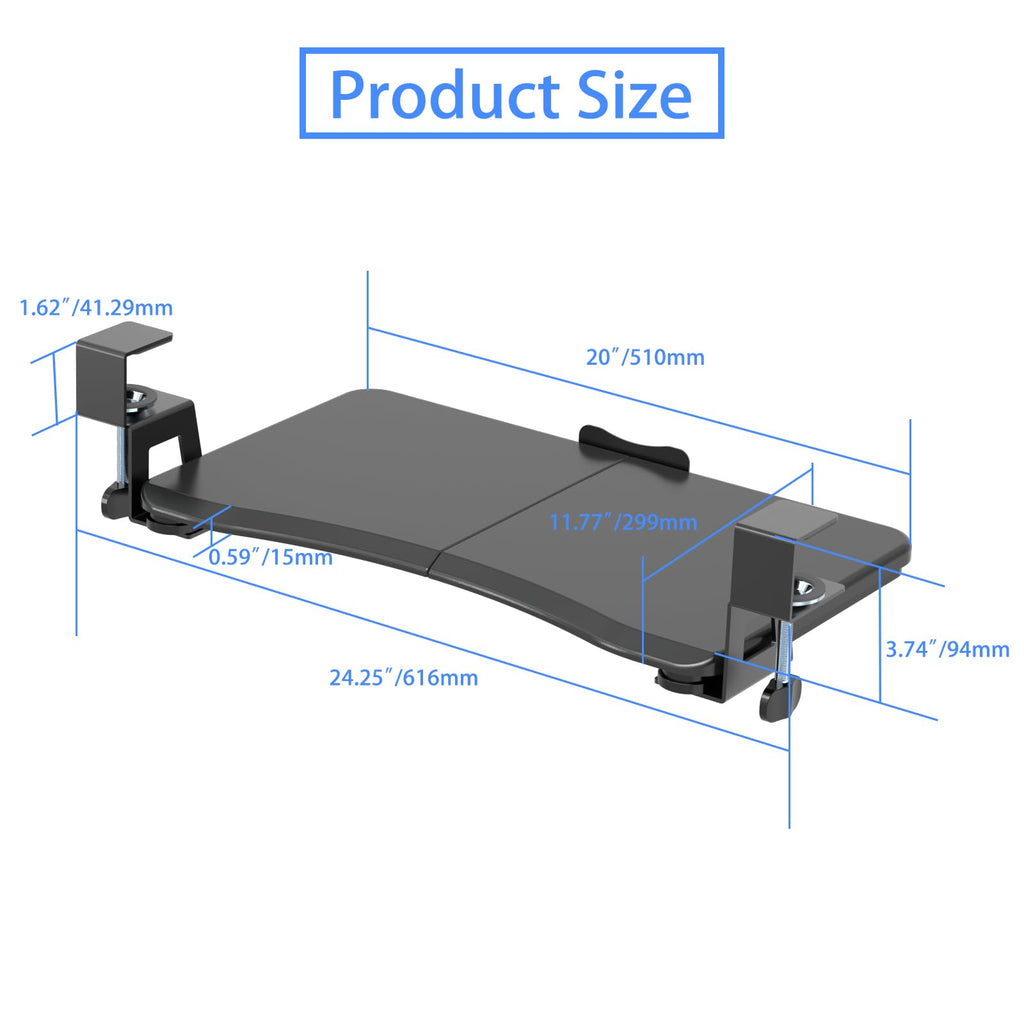 Small Keyboard Tray Under Desk Pull Out with C Clamp Mount, Computer Keyboard & Mouse Tray, 20 (24.2 Including Clamps) x 11.8 inch Slide-Out Platform Computer Drawer for Typing, Black,
