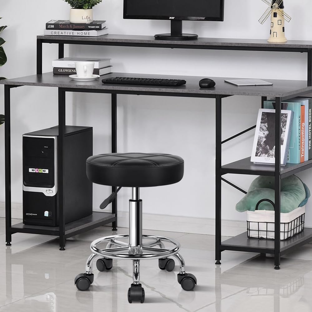 Round Rolling Stool Chair PU Leather Height Adjustable Swivel Drafting Work SPA Shop Medical Salon Stools with Wheels Office Chair Small (Black)